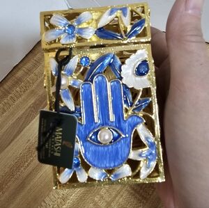 Matashi HandPainted Enamel Tzedakah Charity Box Hamsa Motif Jeweled Crystals NEW